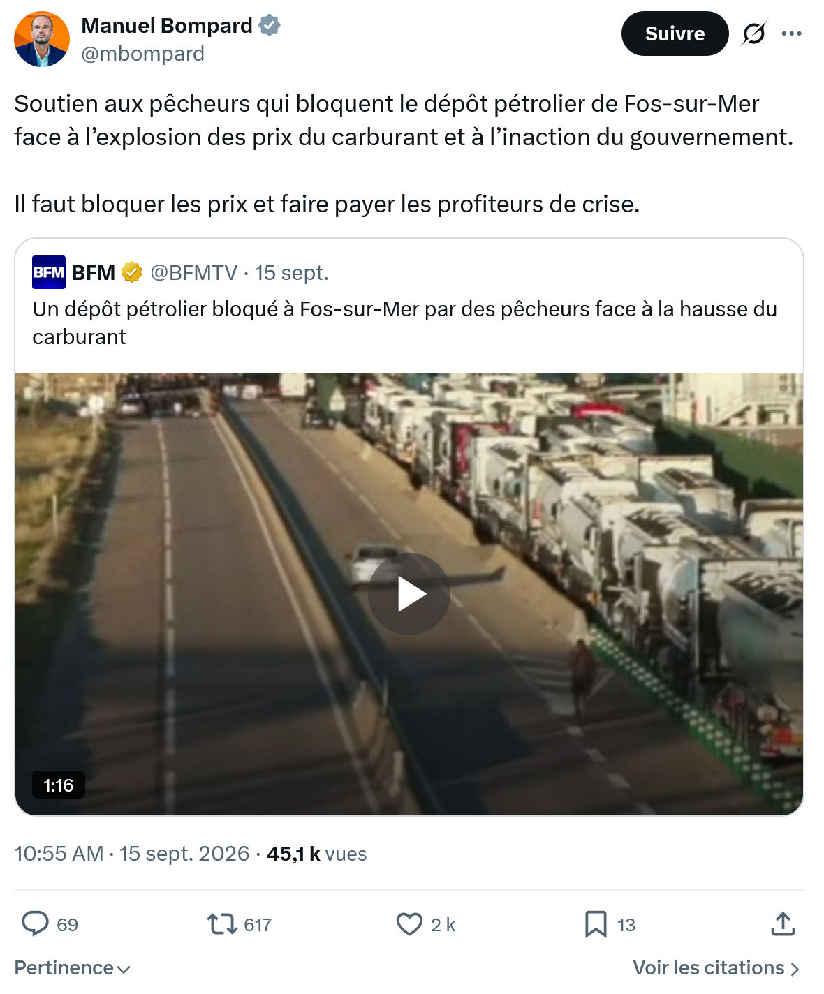 Manuel Bompard: Soutien aux pêcheurs qui bloquent...