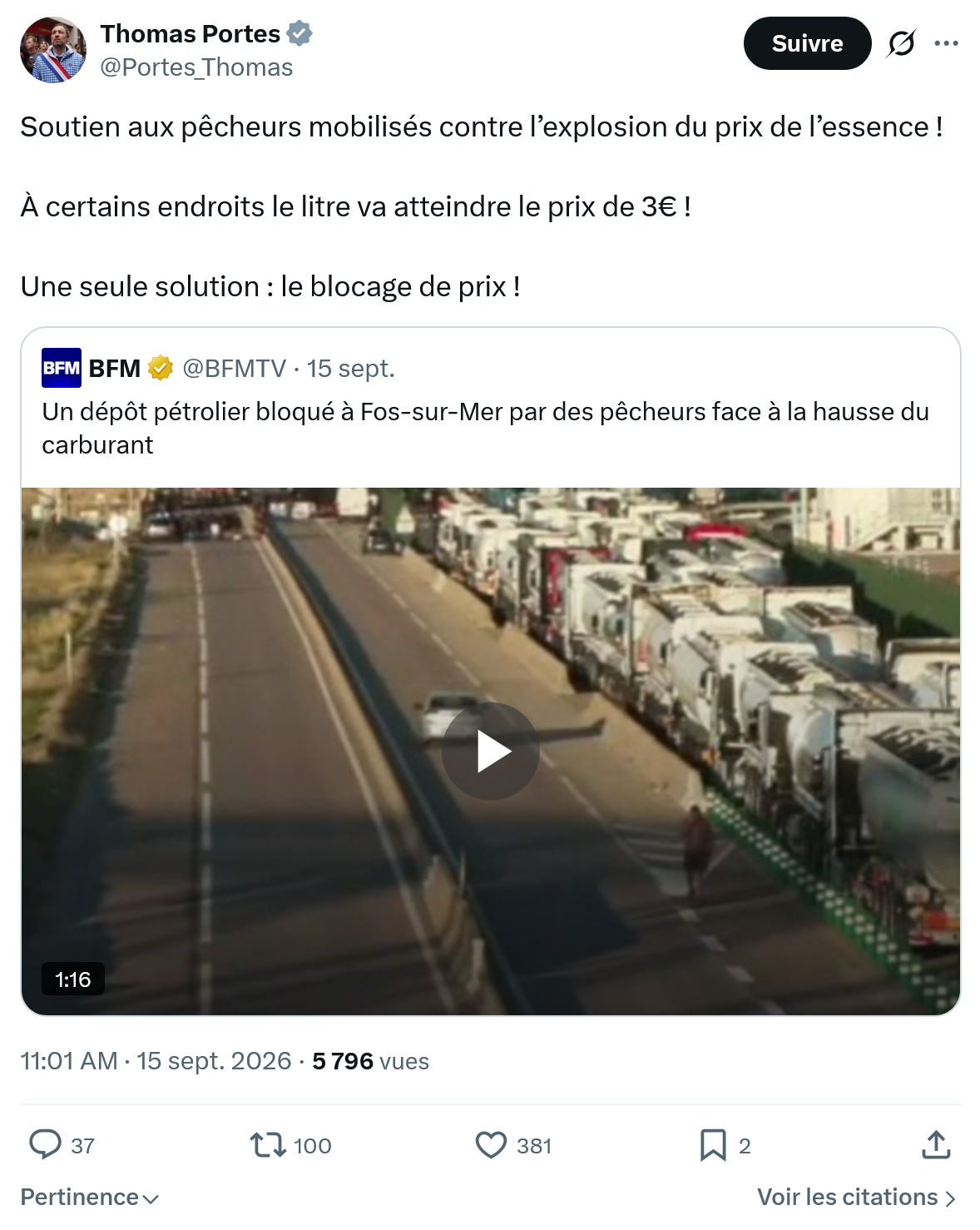 Thomas Portes: Soutien aux pêcheurs mobilisés...