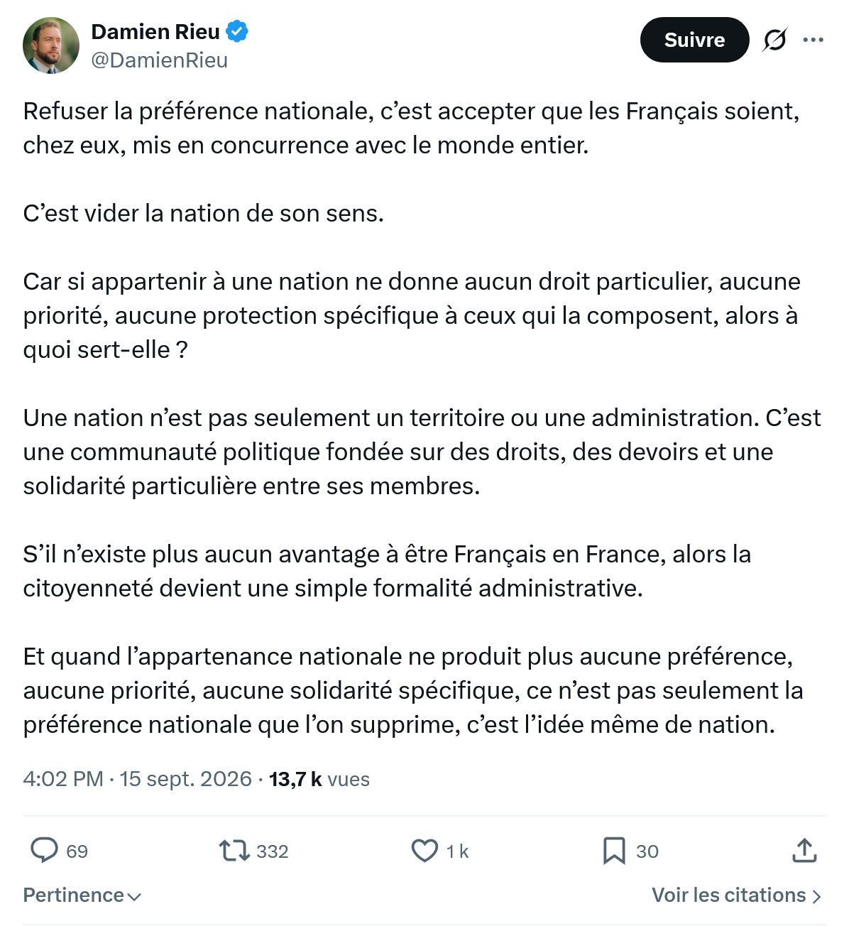 Damien Rieu: Refuser la préférence nationale...