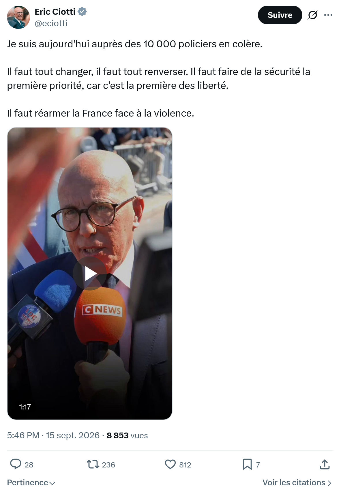 Éric Ciotti: Je suis aujourd'hui auprès...