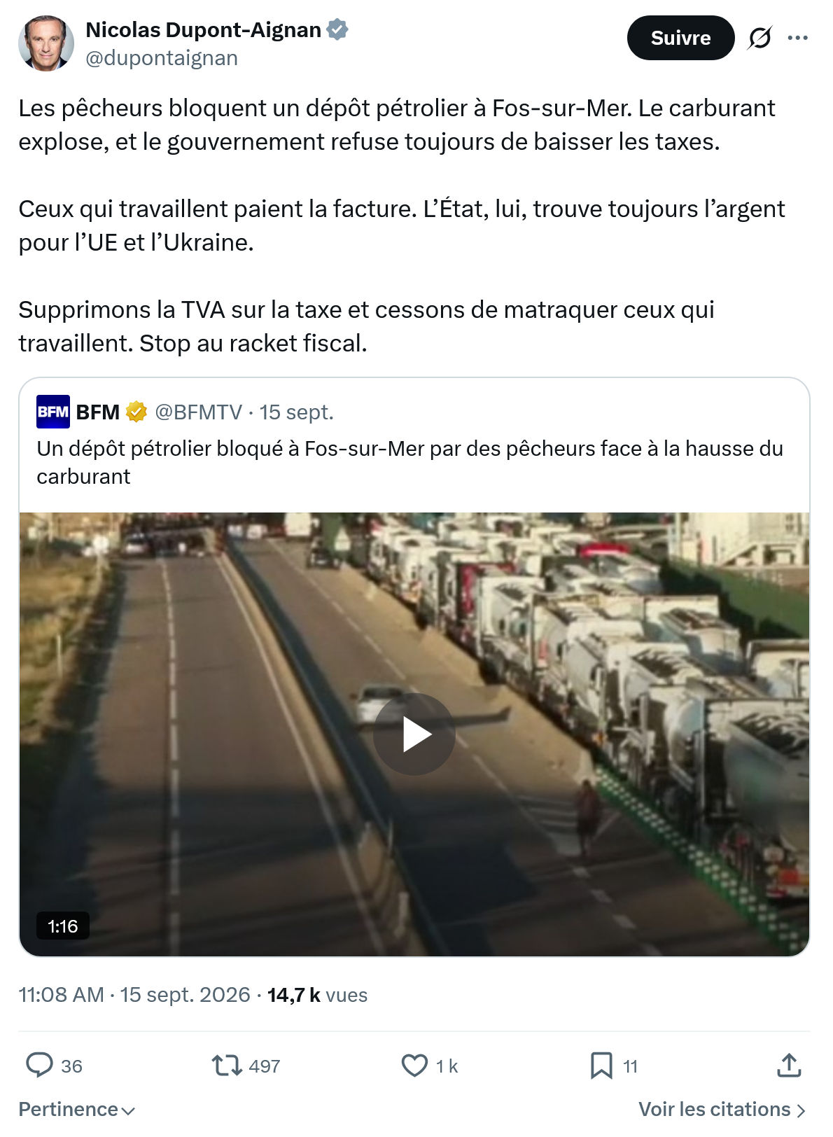 Nicolas Dupont-Aignan: Les pêcheurs bloquent un dépôt...