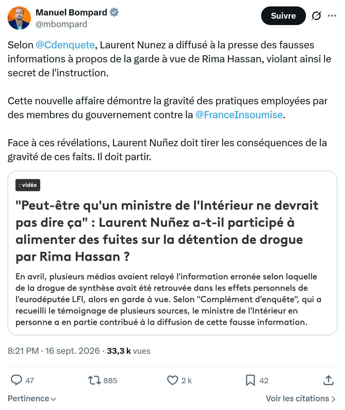 Manuel Bompard: Selon @Cdenquete, Laurent Nunez...