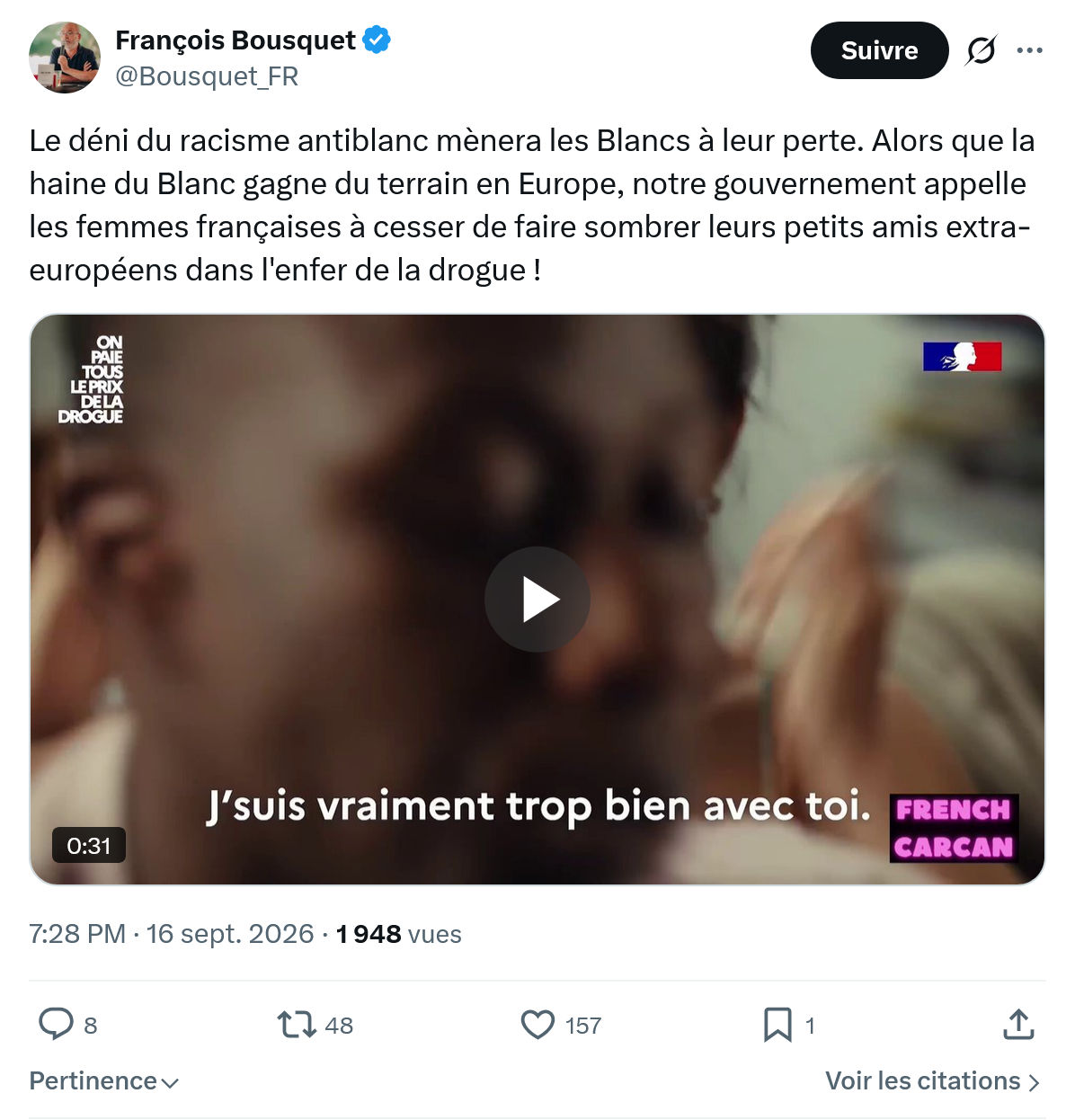 François Bousquet: Le déni du racisme antiblanc mènera...