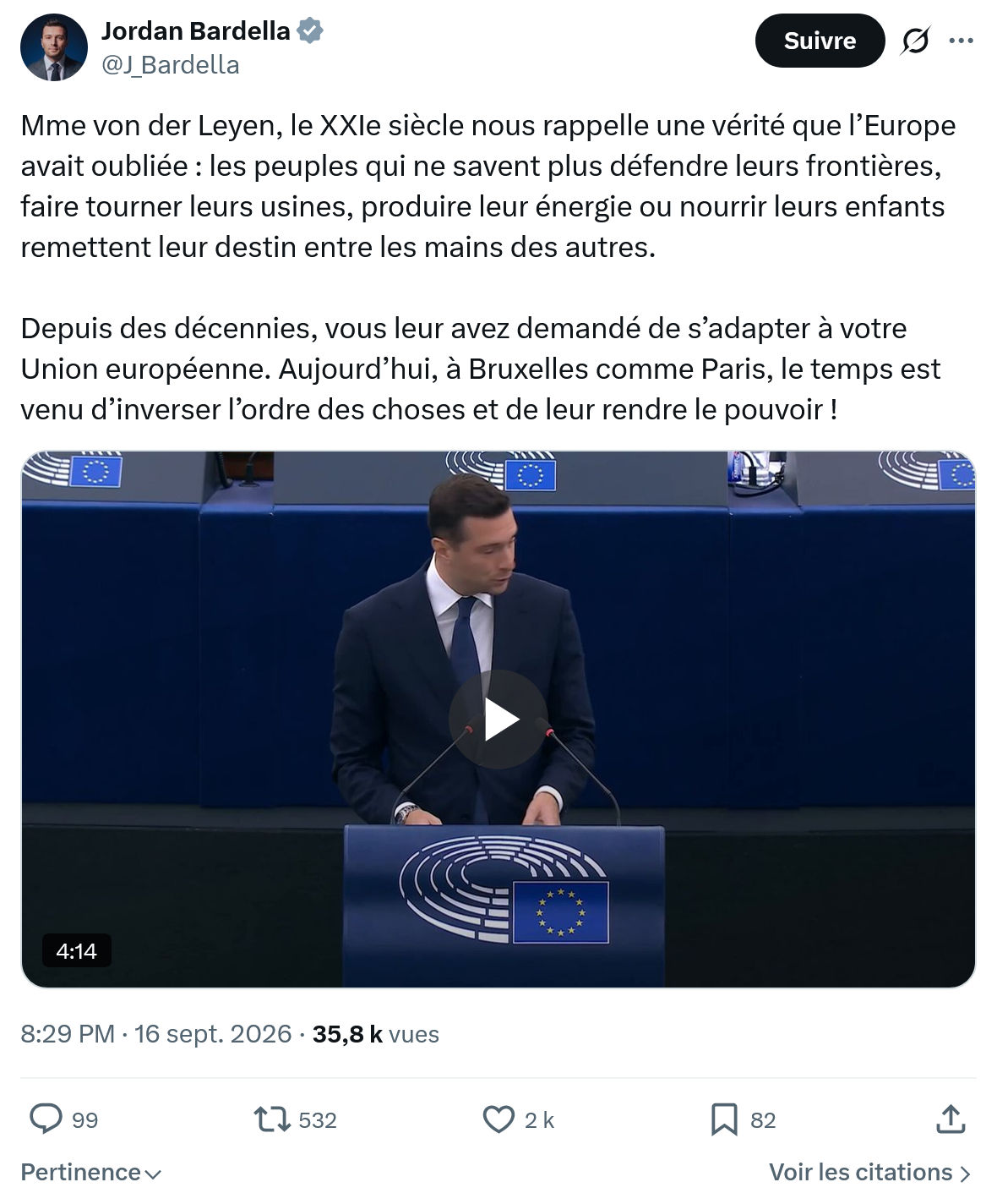 Jordan Bardella: Mme von der Leyen...