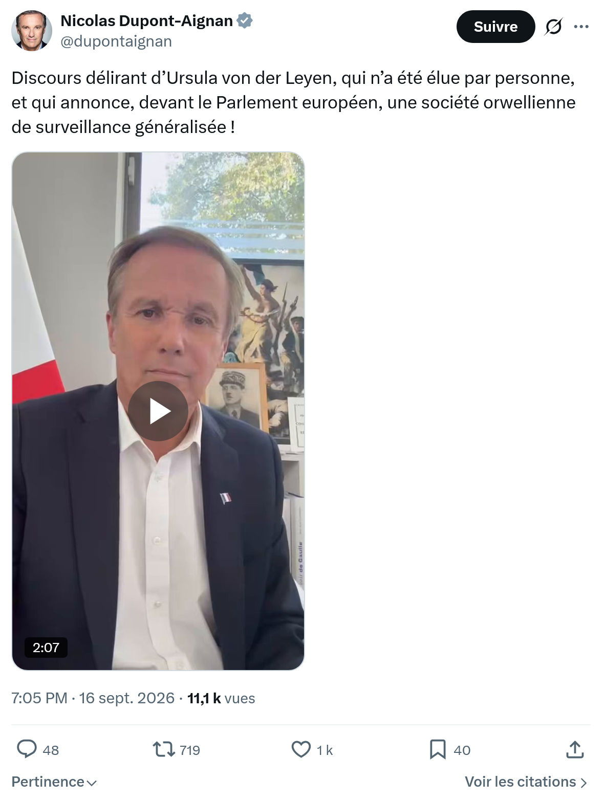 Nicolas Dupont-Aignan: Discours délirant d’Ursula...
