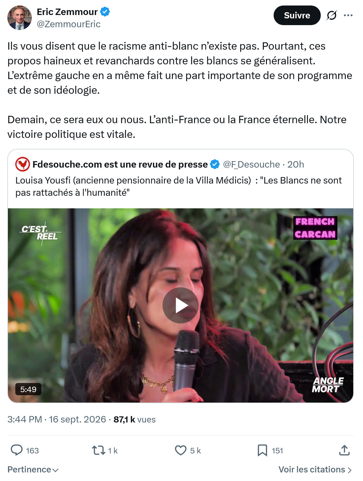 Eric Zemmour: Ils vous disent que le racisme...