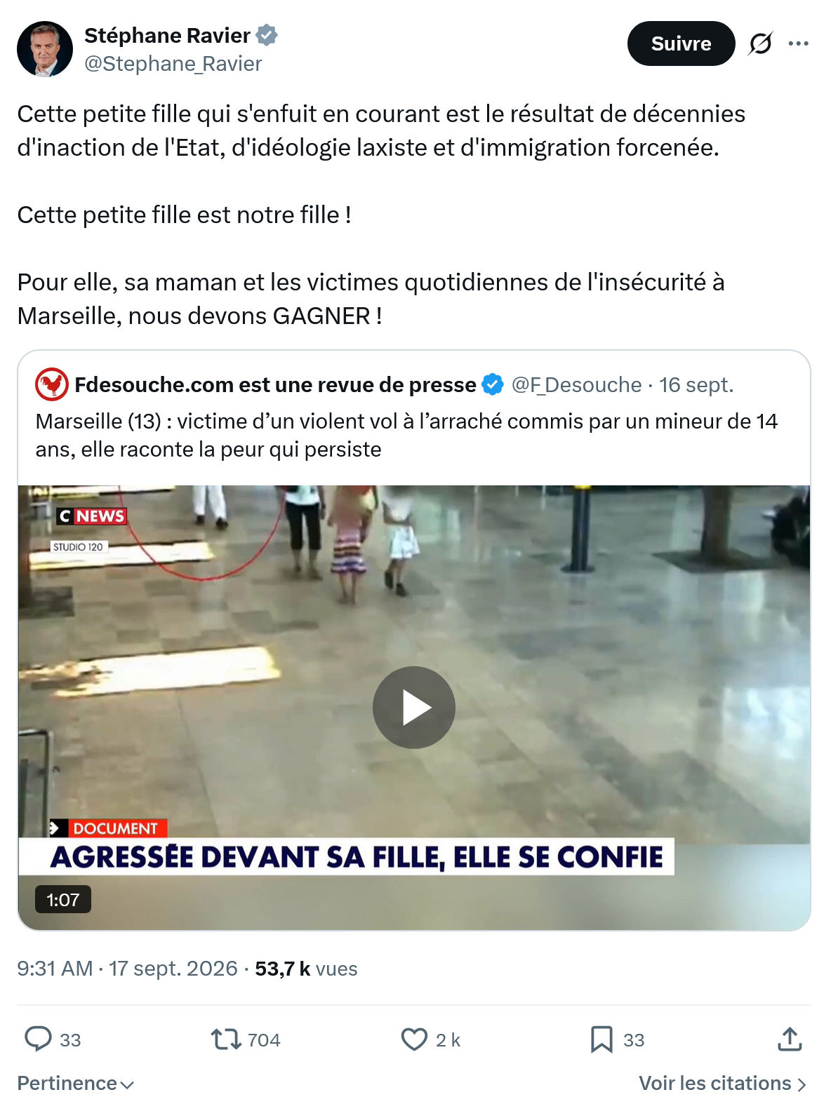 Stéphane Ravier: Cette petite fille qui s'enfuit en courant...