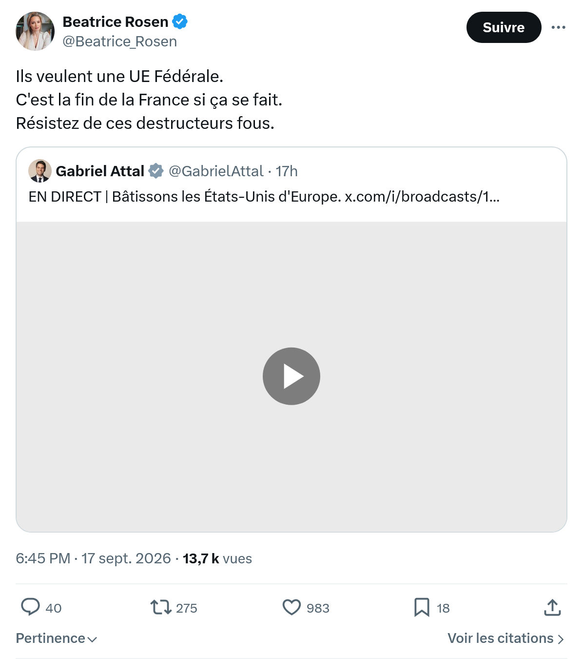 Béatrice Rosen: Ils veulent une UE Fédérale...