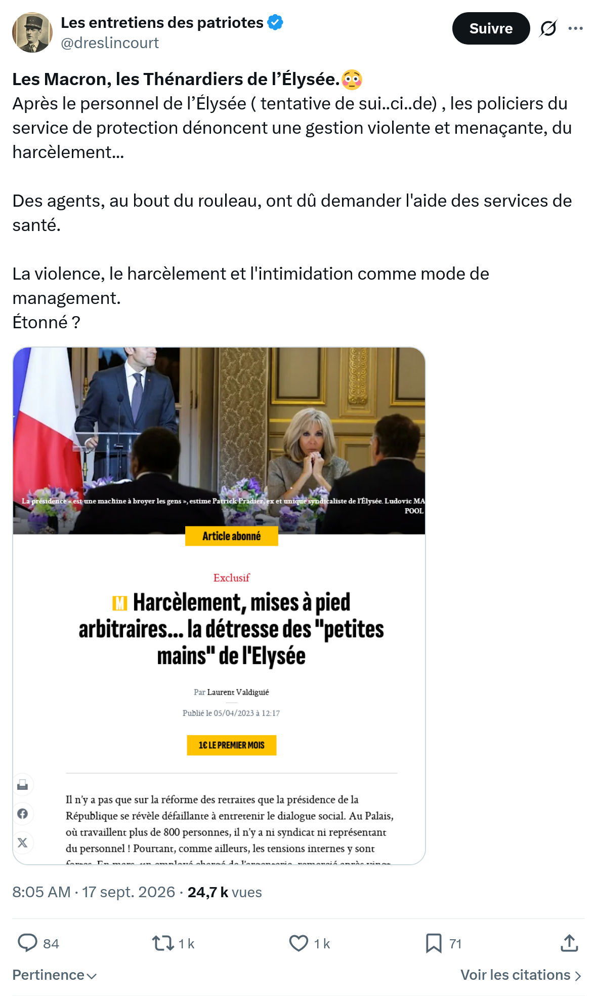 Marquis de Dreslincourt: Les Macron, les Thénardiers de l’Élysée...