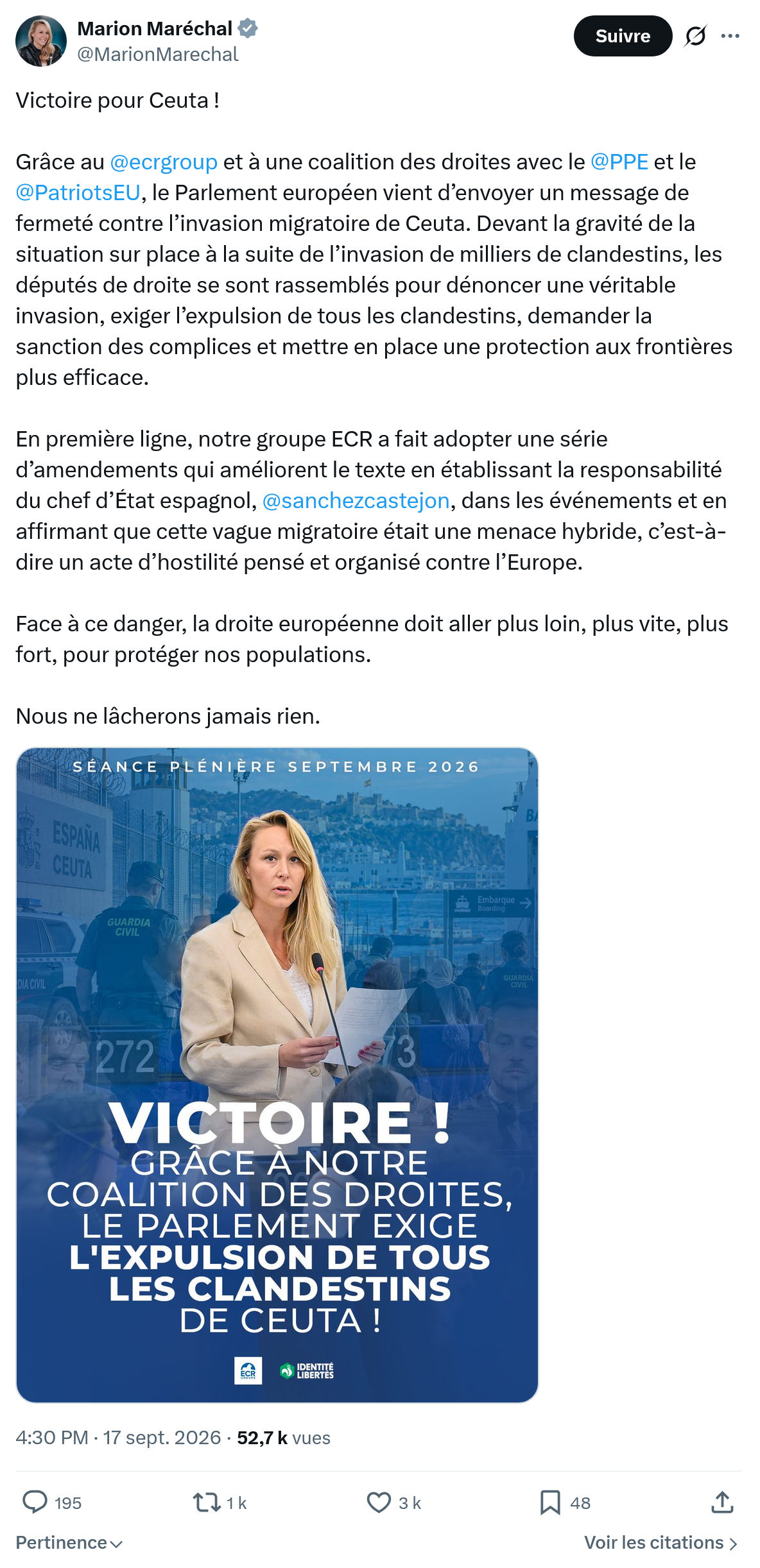 Marion Maréchal- Le Pen: Victoire pour Ceuta...