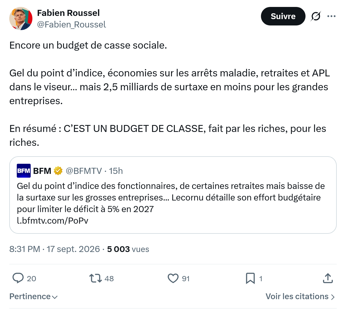 Fabien Roussel: Encore un budget de casse sociale...