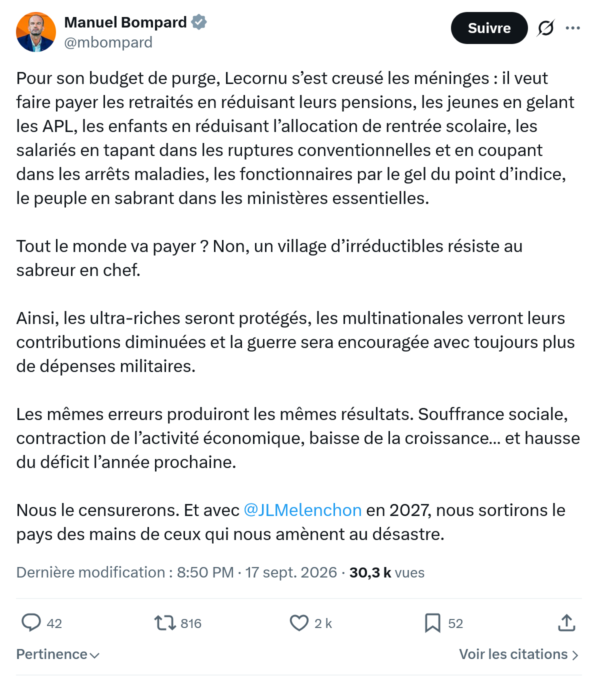 Manuel Bompard: Pour son budget de purge...