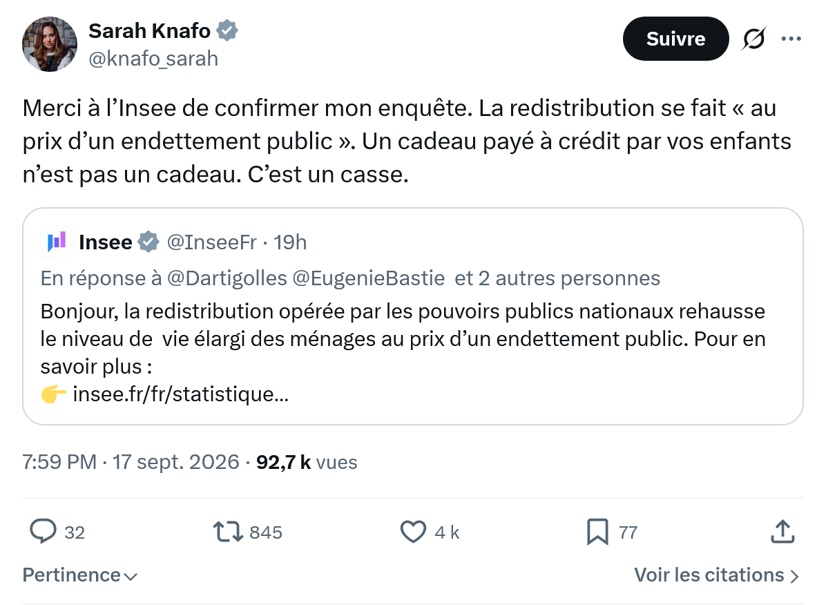 Sarah Knafo: Merci à l’Insee de confirmer mon enquête...