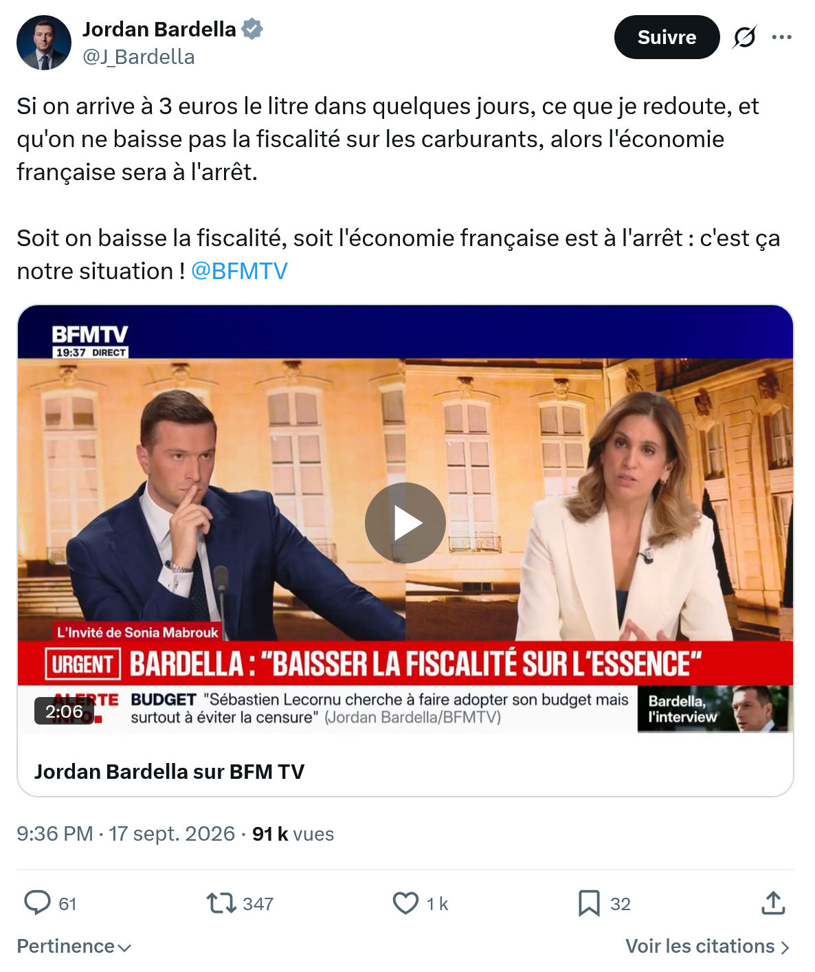 Jordan Bardella: Si on arrive à 3 euros le litre...