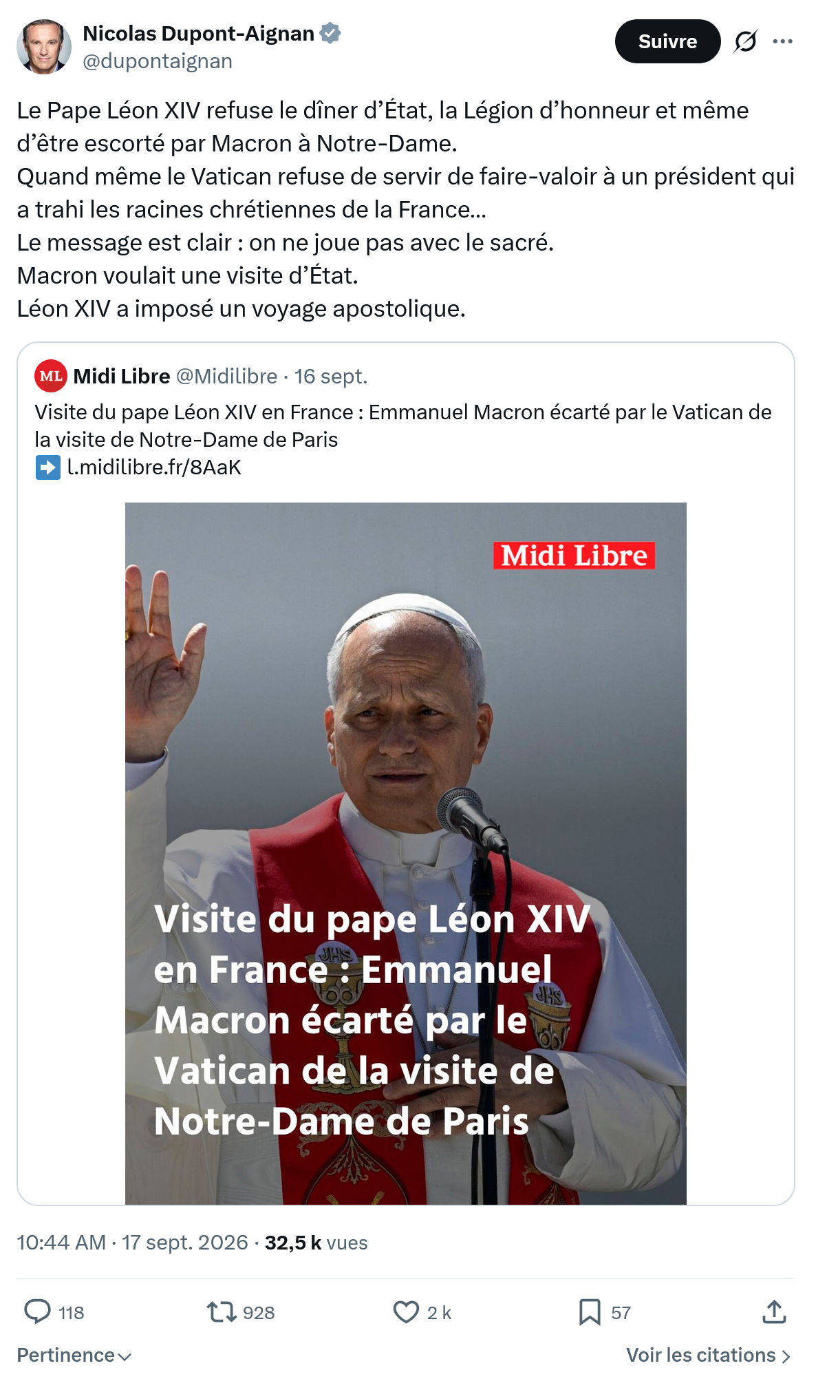Nicolas Dupont-Aignan: Le Pape Léon XIV refuse le dîner...