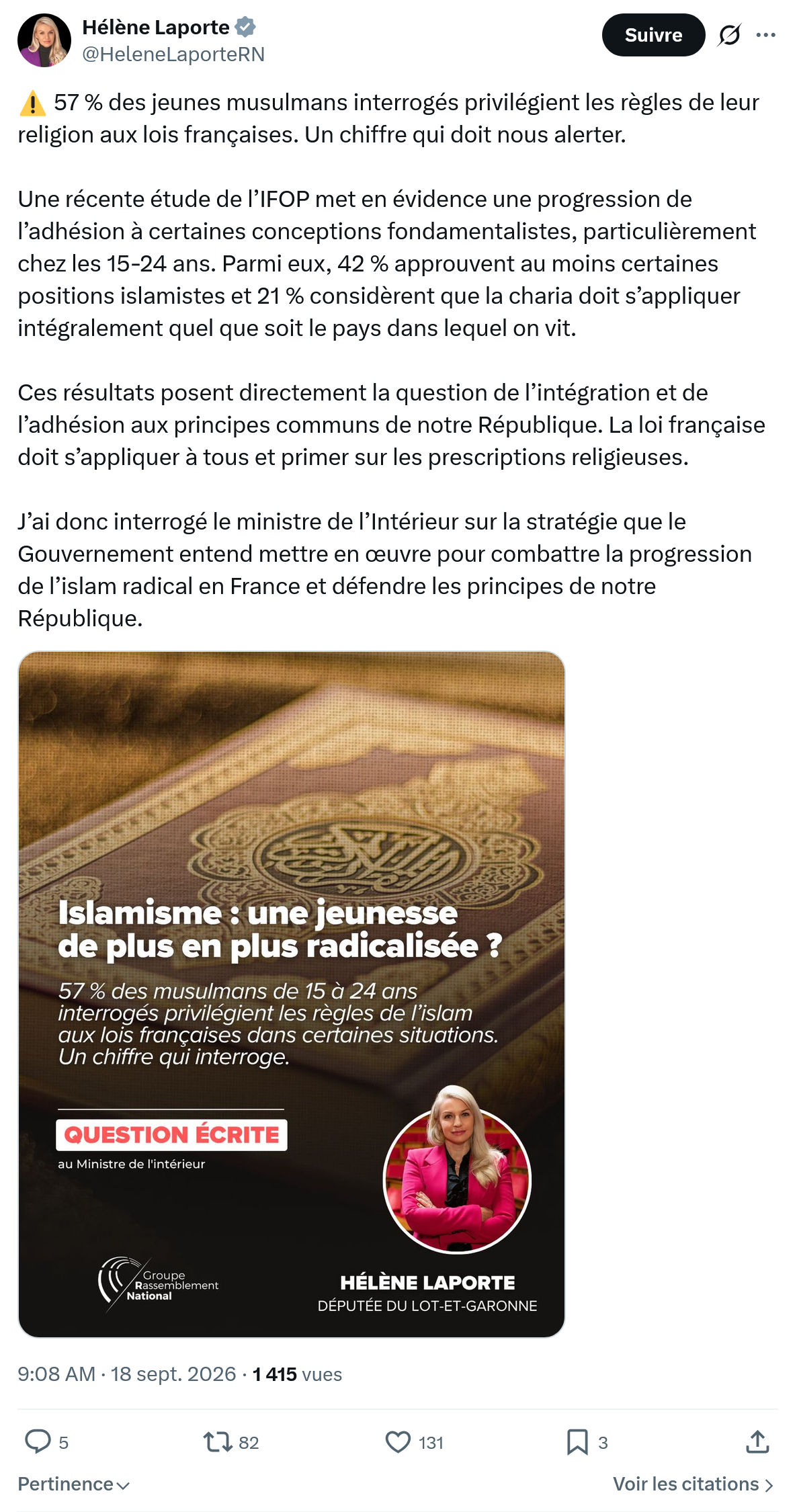 Hélène Laporte: 57 % des jeunes musulmans interrogés...