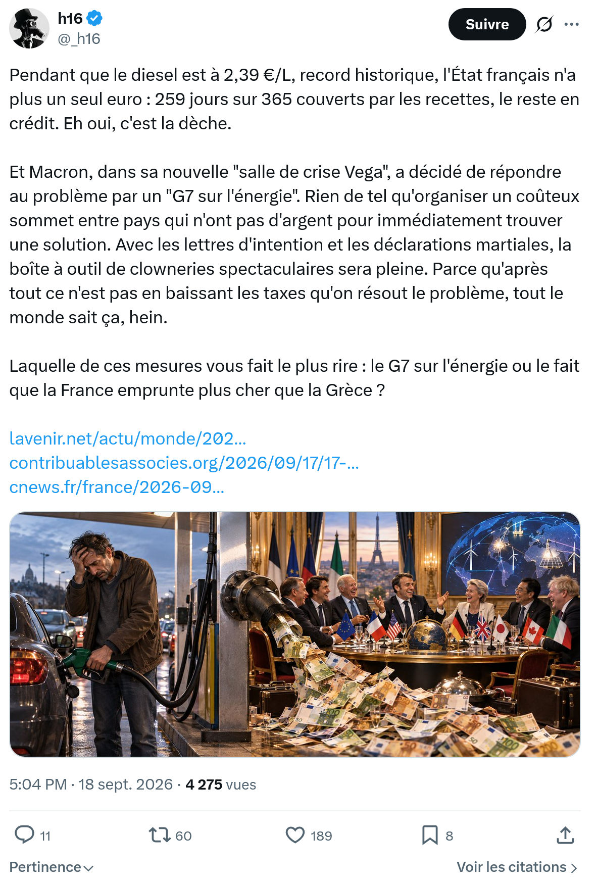 h16: Pendant que le diesel est à 2,39 €/L...