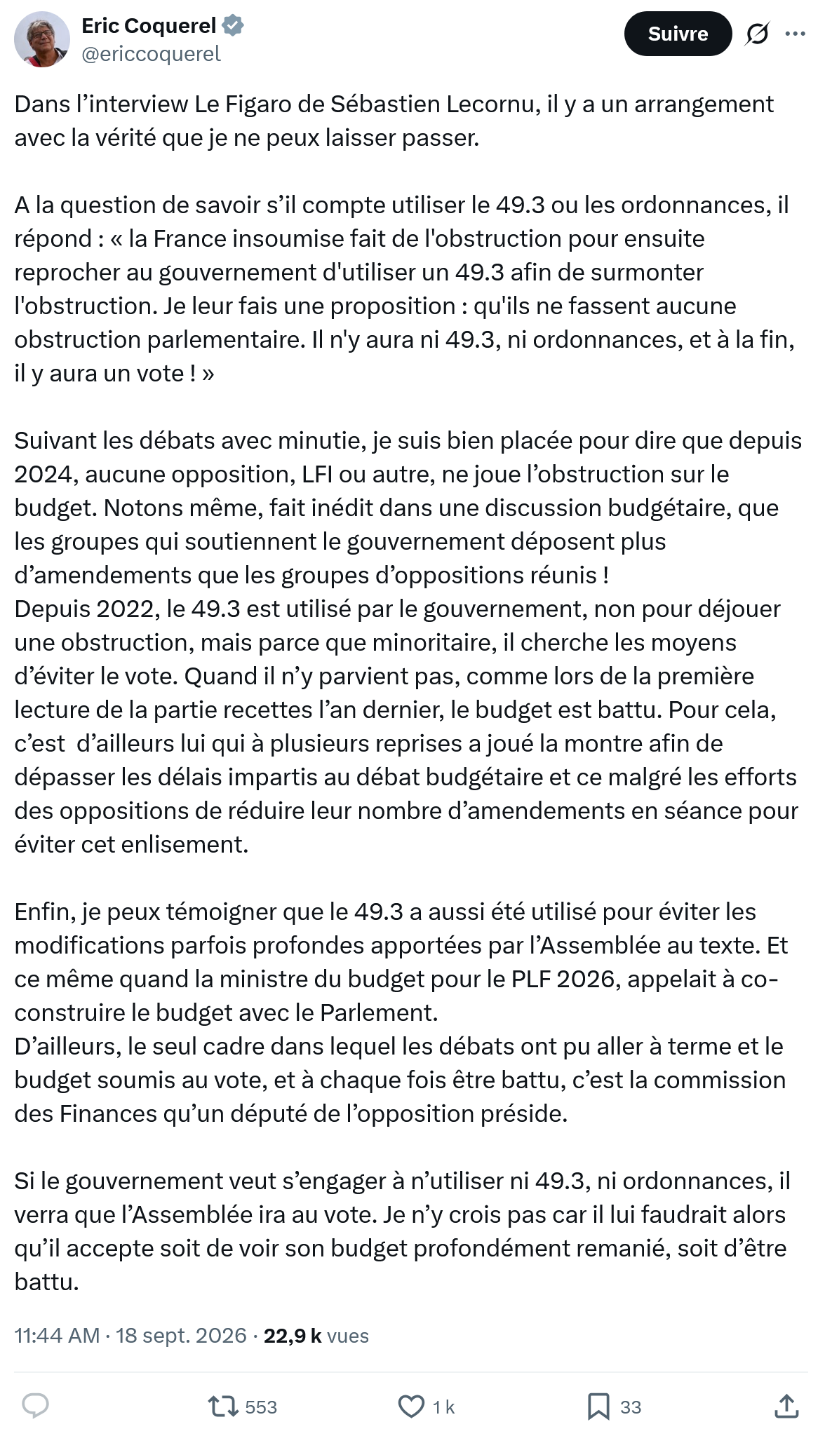 Eric Coquerel: Dans l’interview Le Figaro de Sébastien Lecornu...