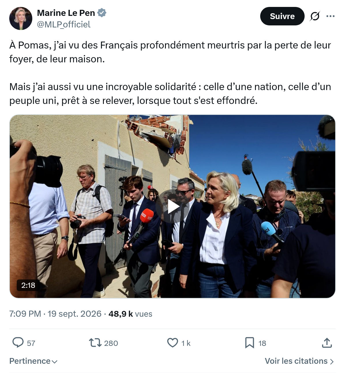 Marine Le Pen: À Pomas, j’ai vu des Français...