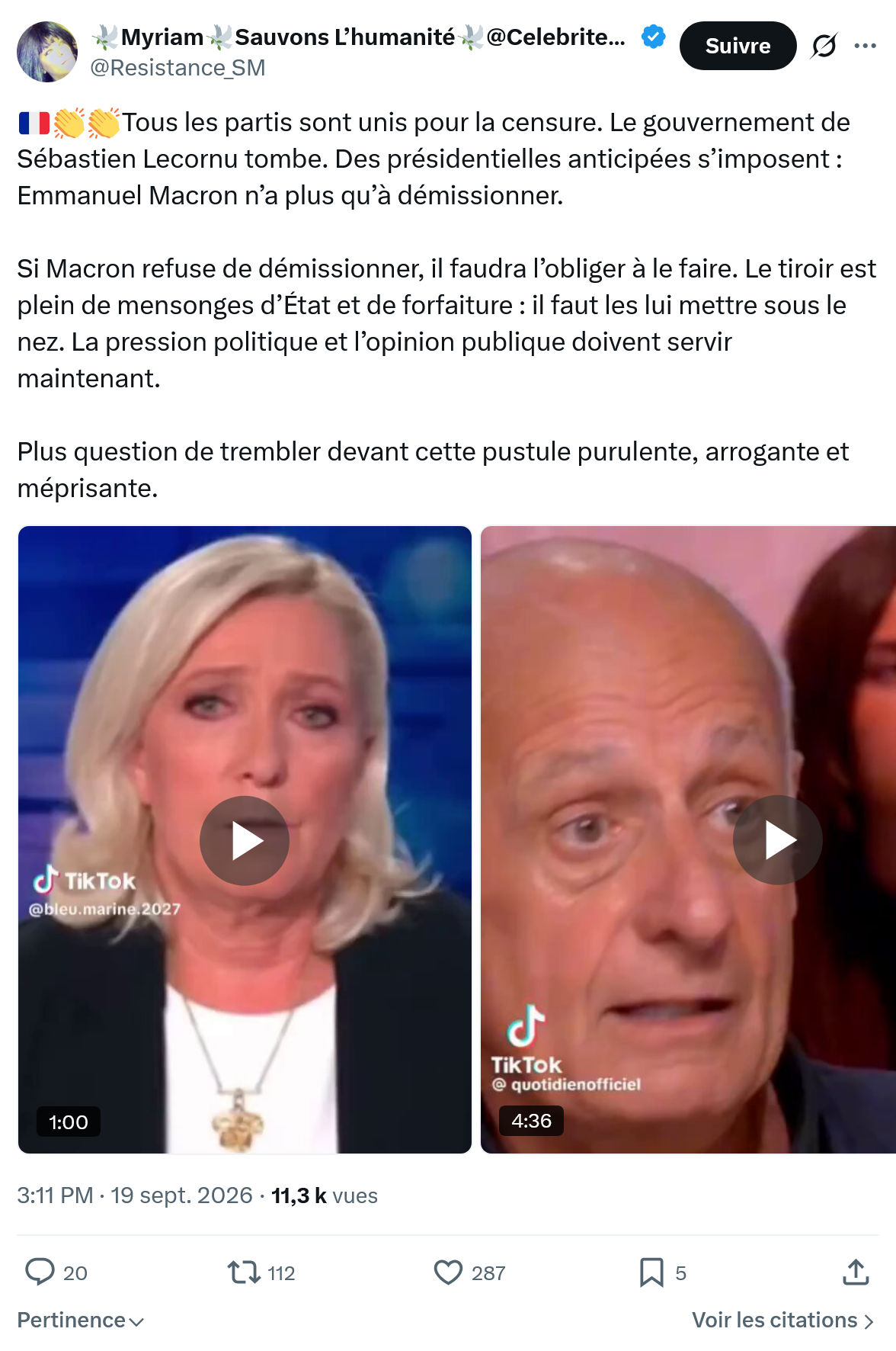 Myriam: Tous les partis sont unis pour la censure...
