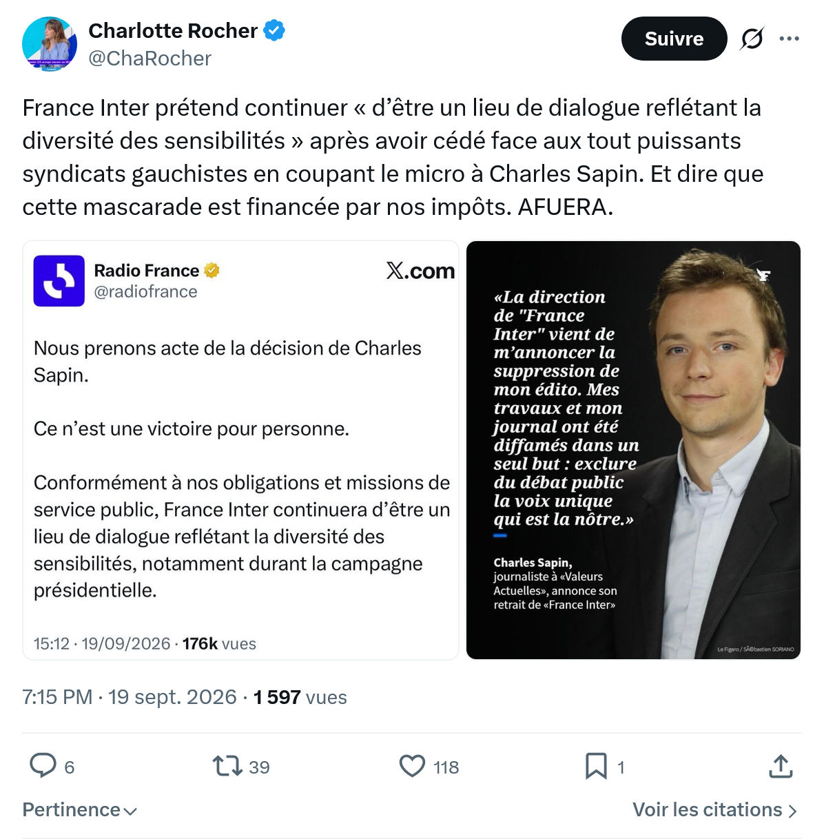 Charlotte Rocher: France Inter prétend continuer...