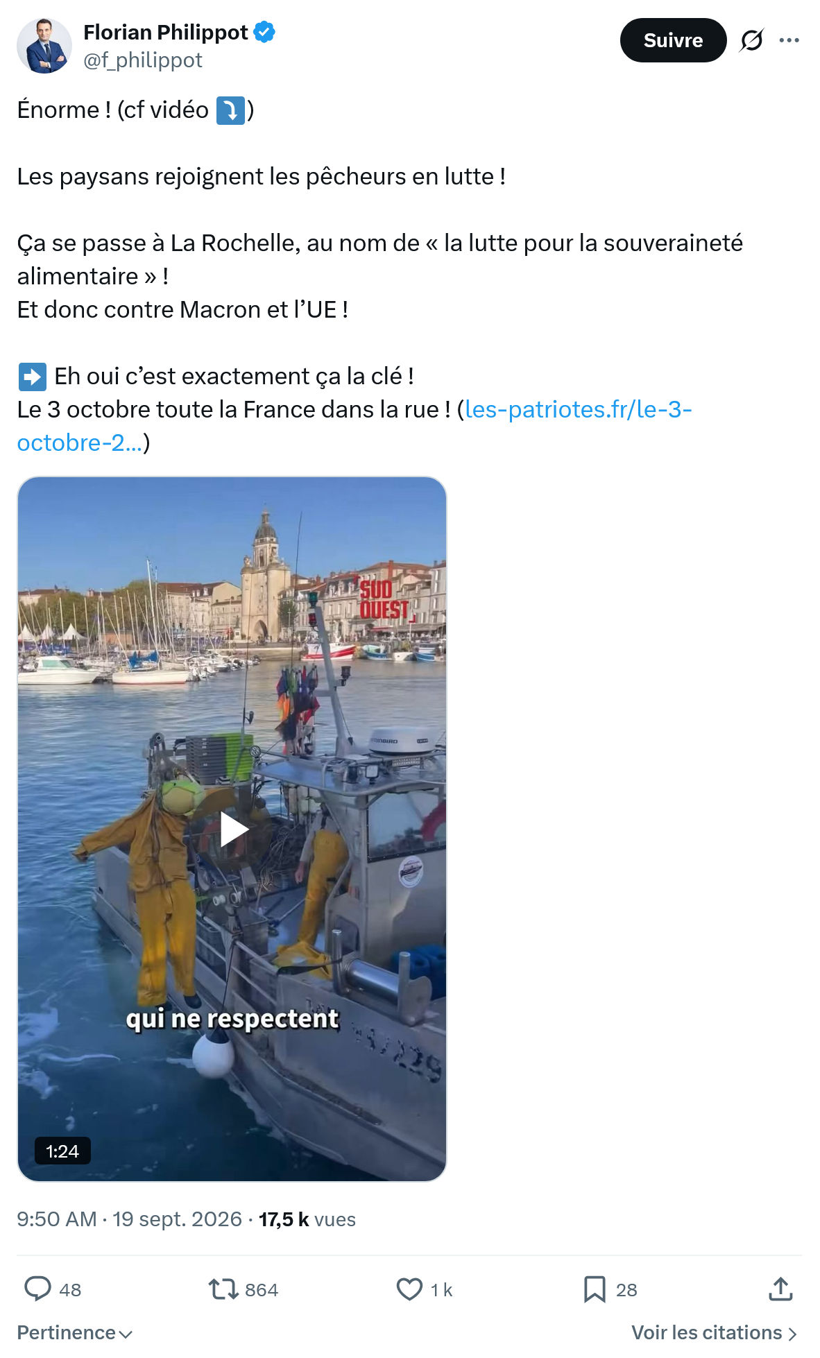 Florian Philippot: Les paysans rejoignent les pêcheurs en lutte...