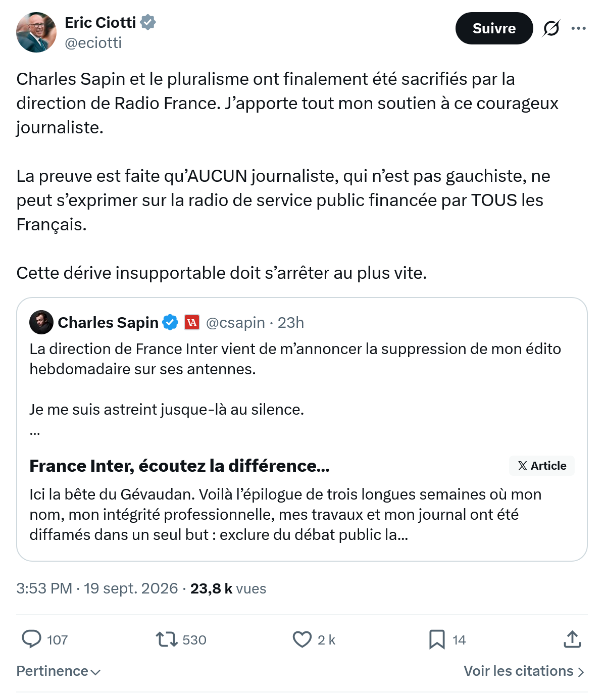 Éric Ciotti: Charles Sapin et le pluralisme...