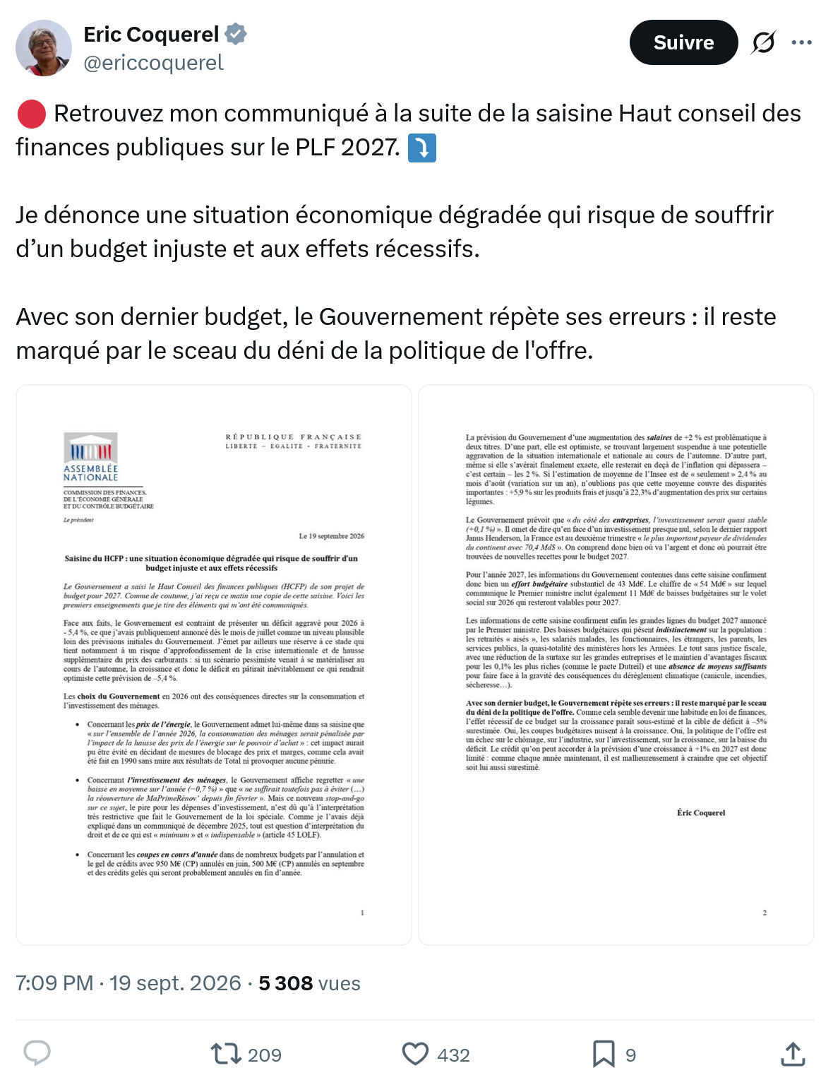 Eric Coquerel: Retrouvez mon communiqué...
