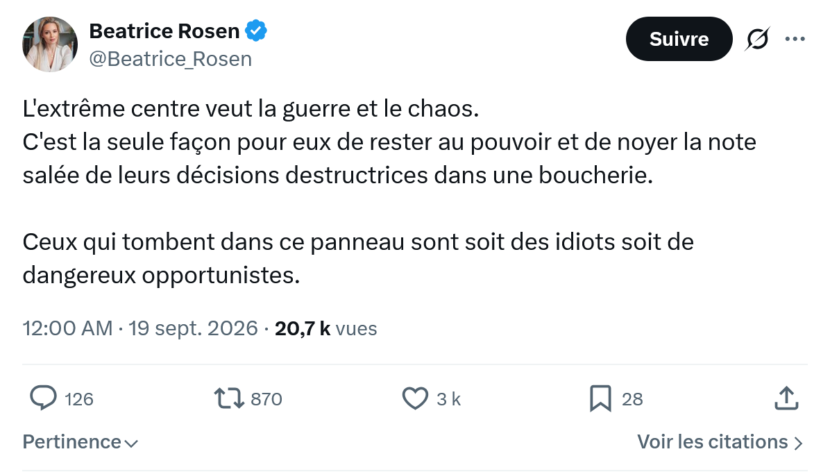 Béatrice Rosen: L'extrême centre veut la guerre et le chaos...