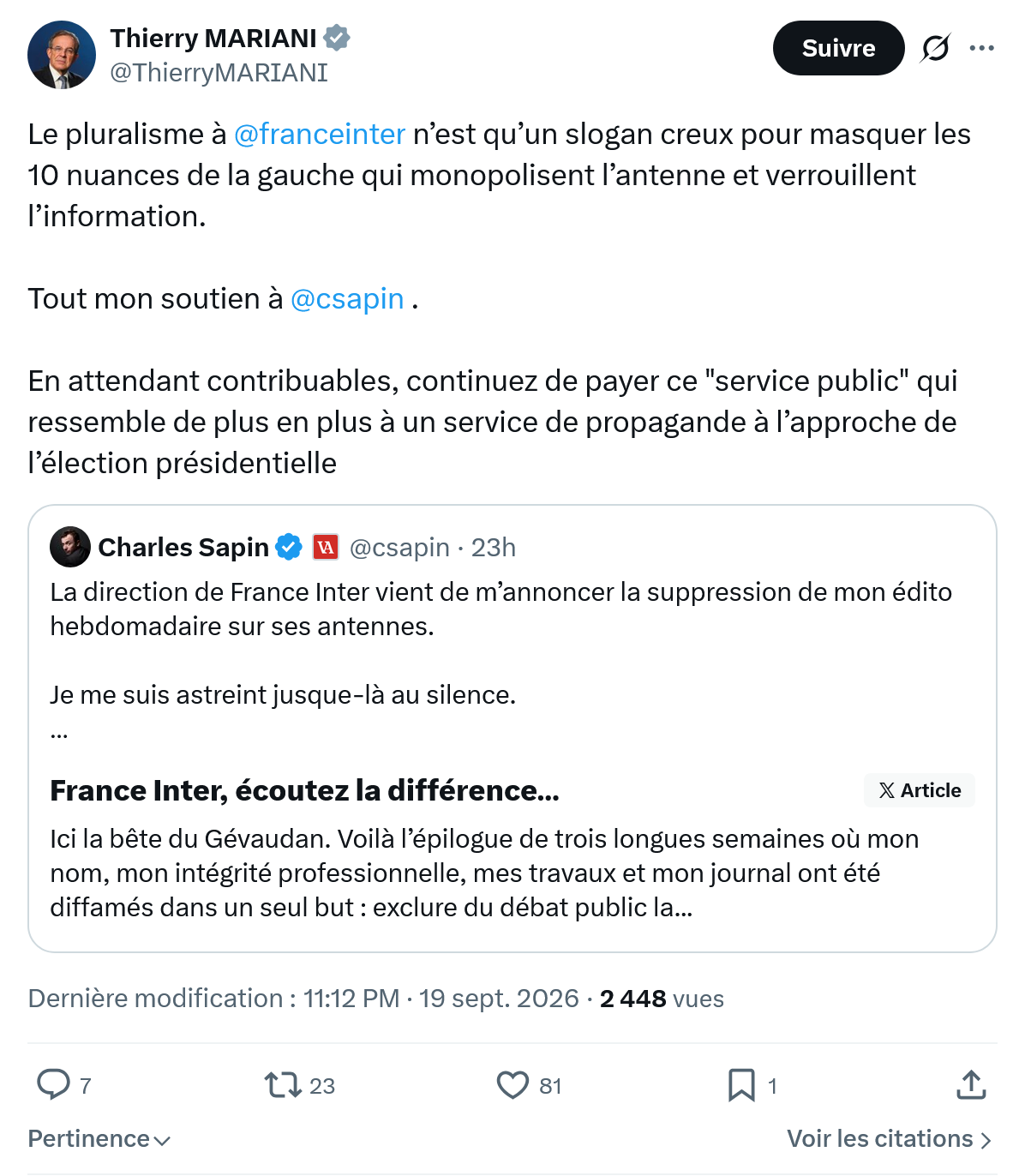 Thierry Mariani: Le pluralisme à @franceinter...