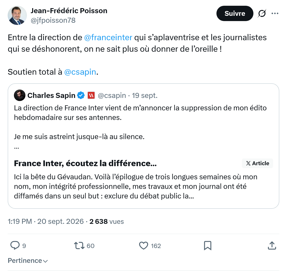 Jean-Frédéric Poisson: Entre la direction de @franceinter...