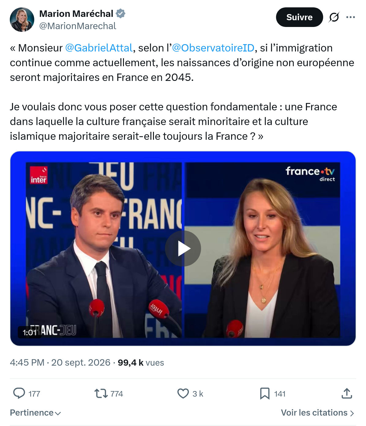 Marion Maréchal- Le Pen: « Monsieur @GabrielAttal...