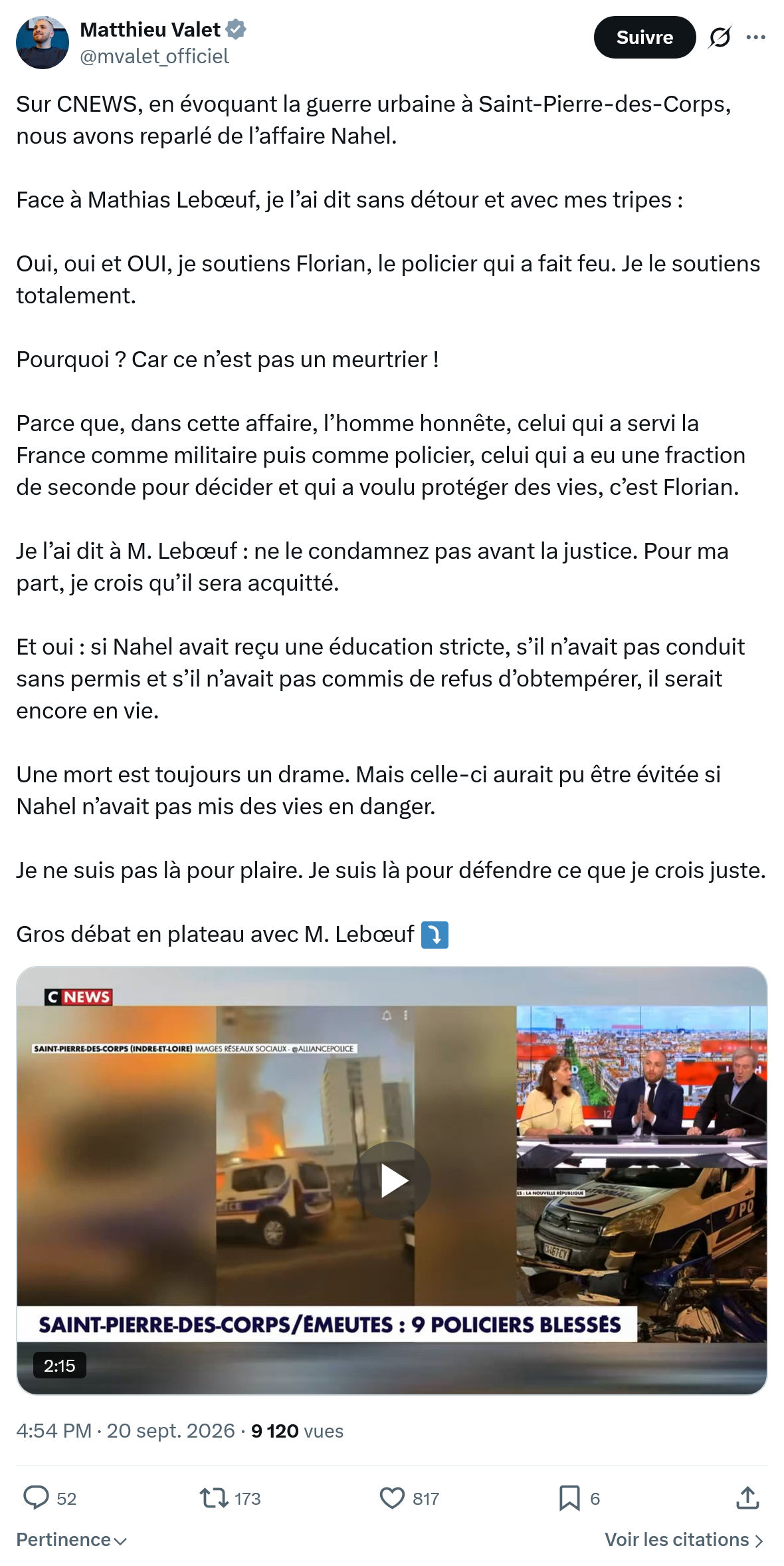 Matthieu Valet: Sur CNEWS, en évoquant la guerre...