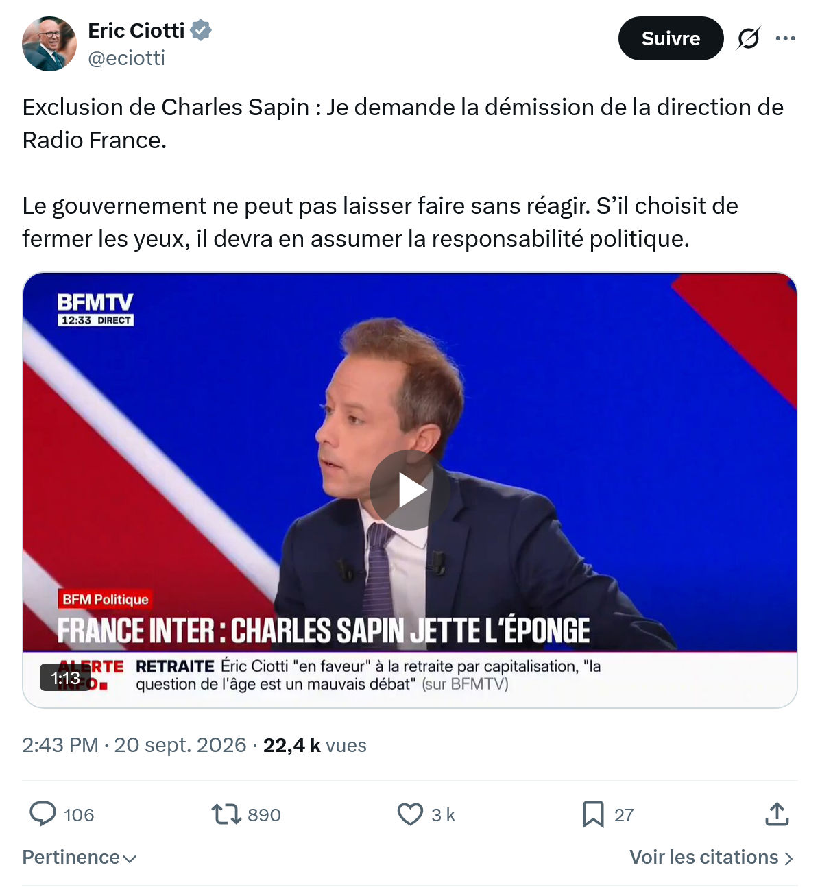 Éric Ciotti: Exclusion de Charles Sapin...