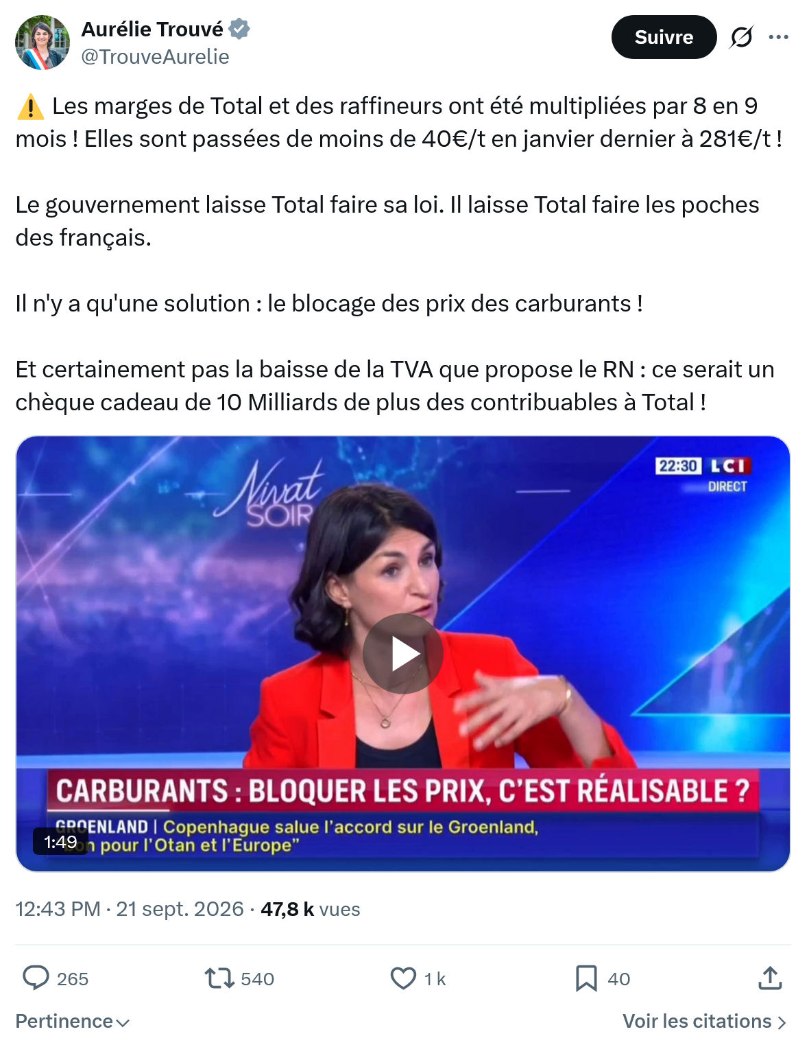 Aurélie Trouvé: Les marges de Total et des raffineurs...
