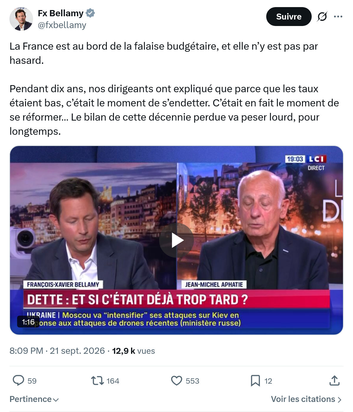 Fx Bellamy: La France est au bord de la falaise...
