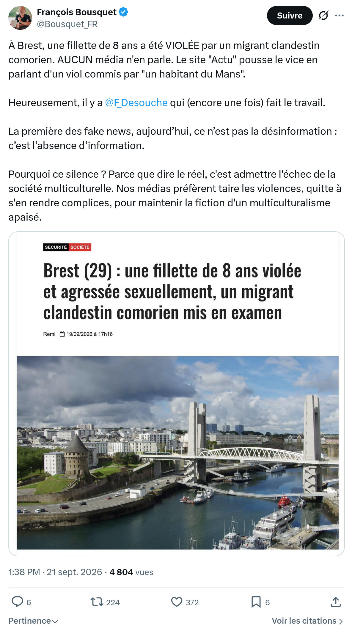 François Bousquet: À Brest, une fillette de 8...