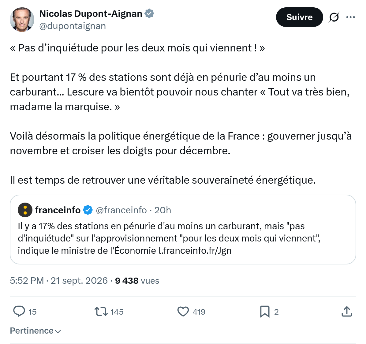 Nicolas Dupont-Aignan: « Pas d’inquiétude pour...