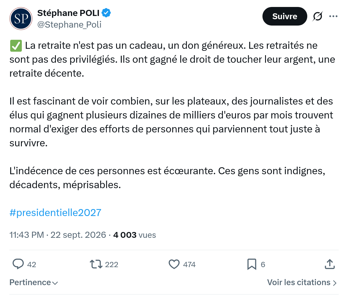 Stephane Poli: La retraite n'est pas un cadeau...