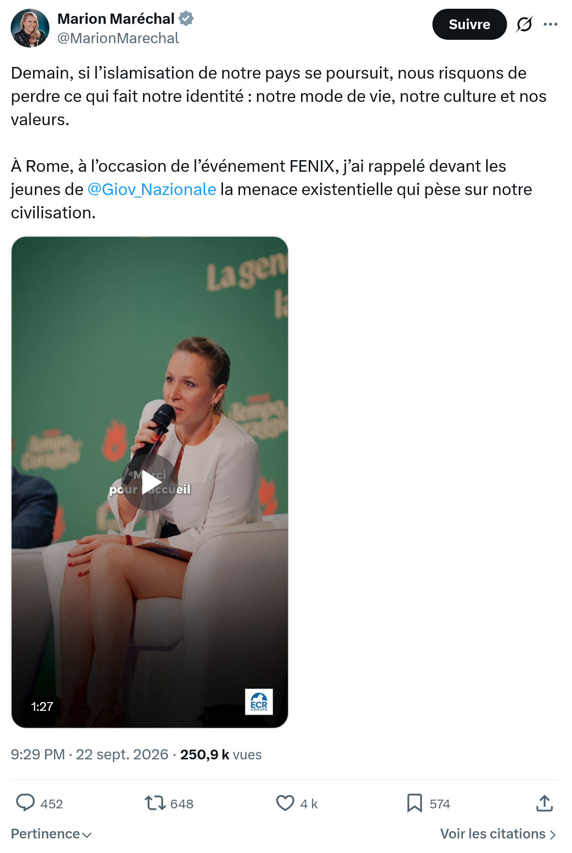 Marion Maréchal- Le Pen: Demain, si l’islamisation de notre...
