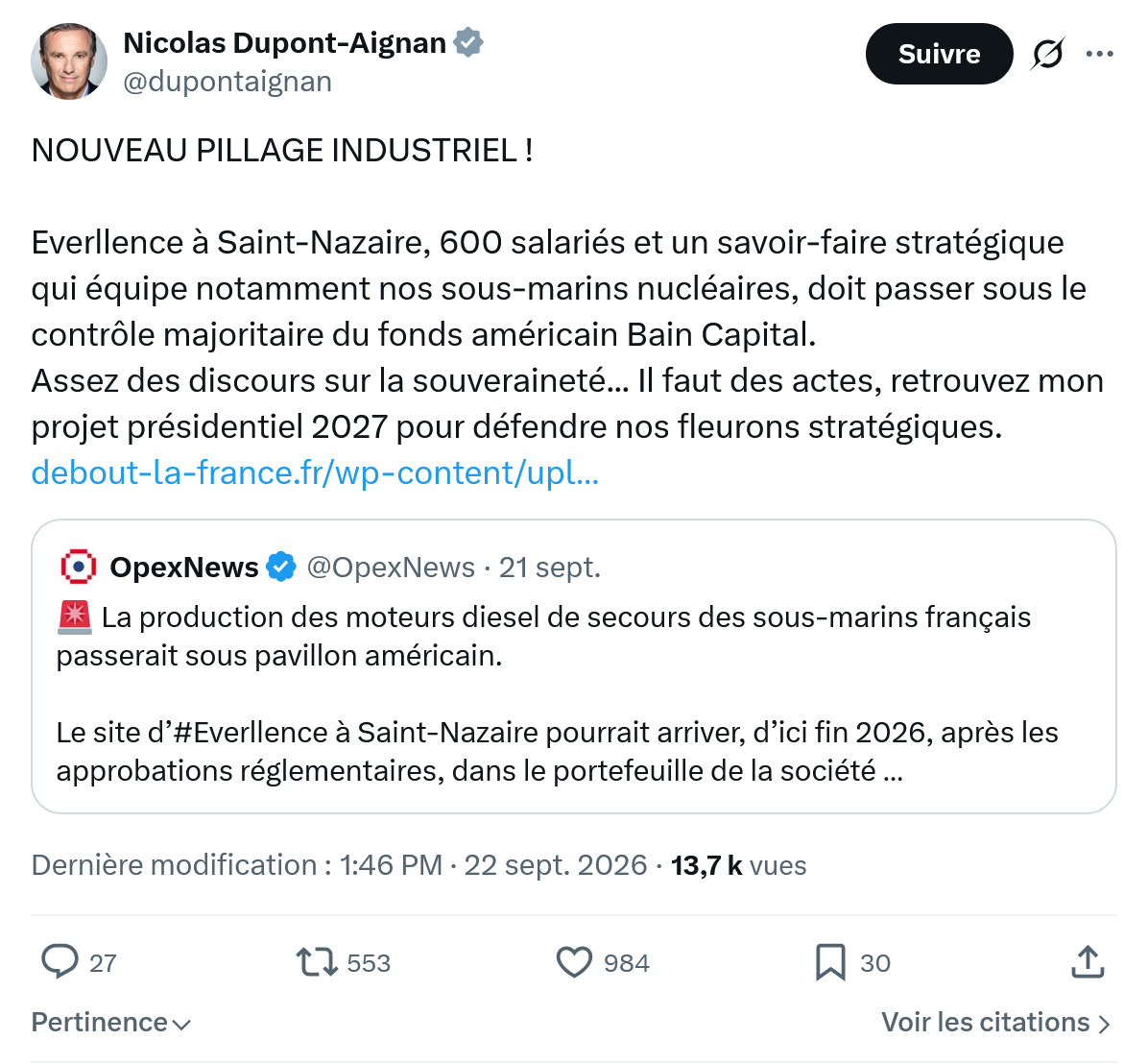 Nicolas Dupont-Aignan: NOUVEAU PILLAGE INDUSTRIEL...