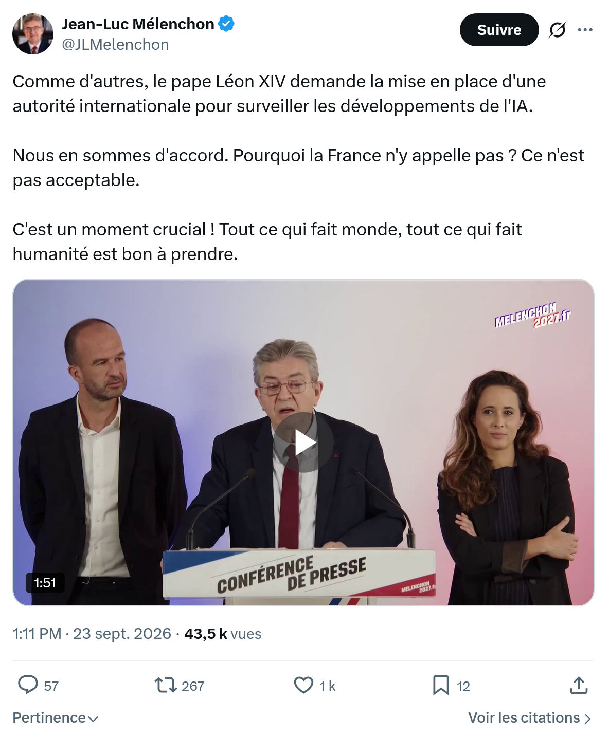 Jean-Luc Mélenchon: Comme d'autres, le pape Léon XIV...