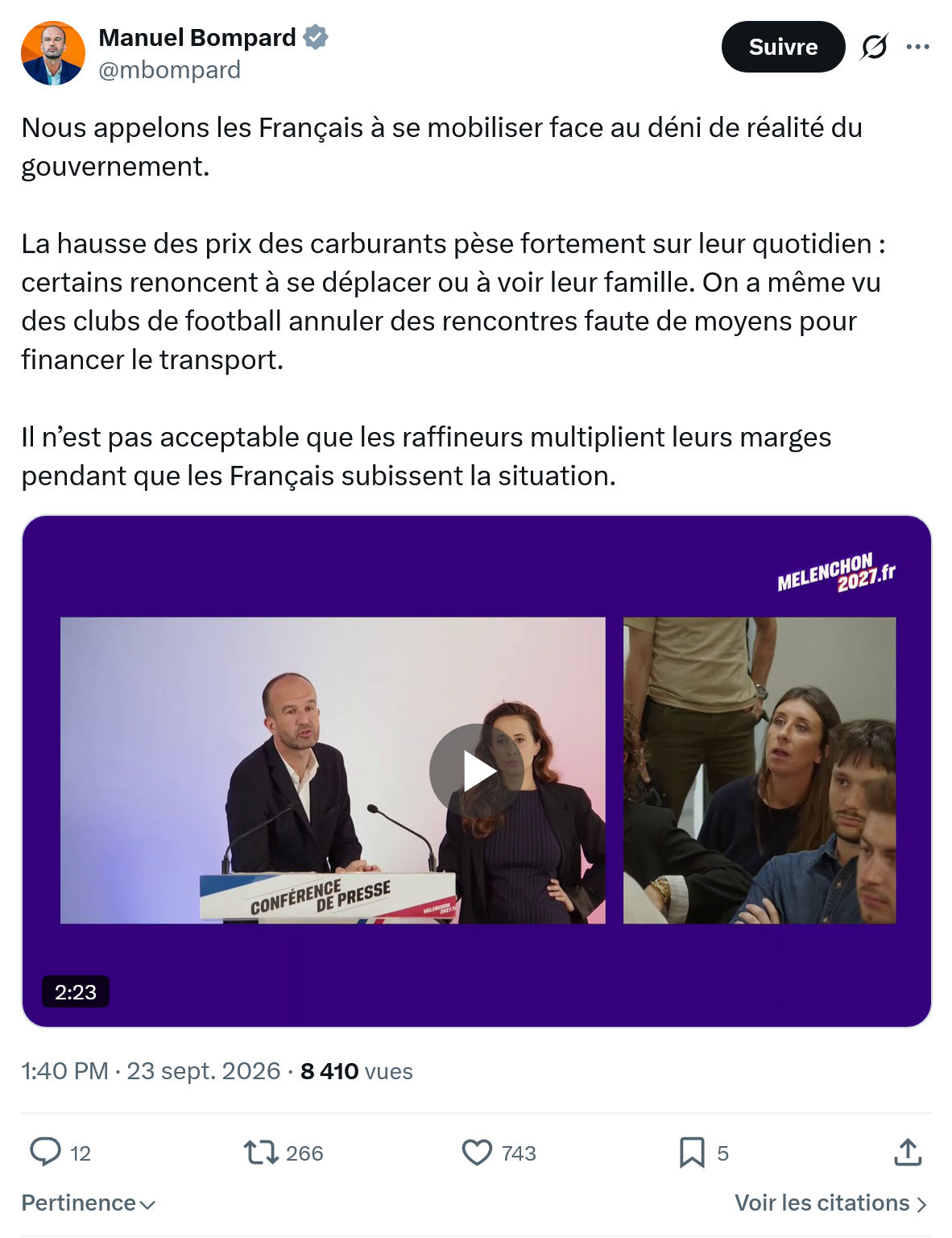 Manuel Bompard: Nous appelons les Français...