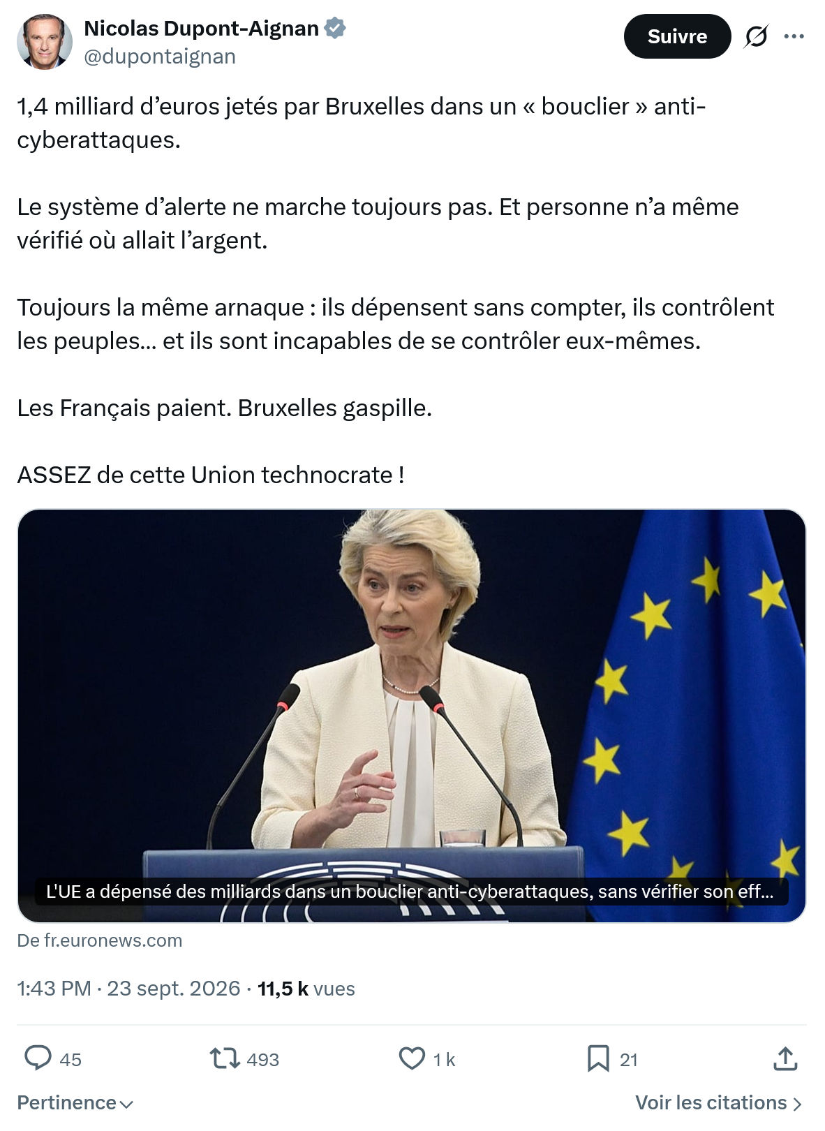 Nicolas Dupont-Aignan: 1,4 milliard d’euros jetés...