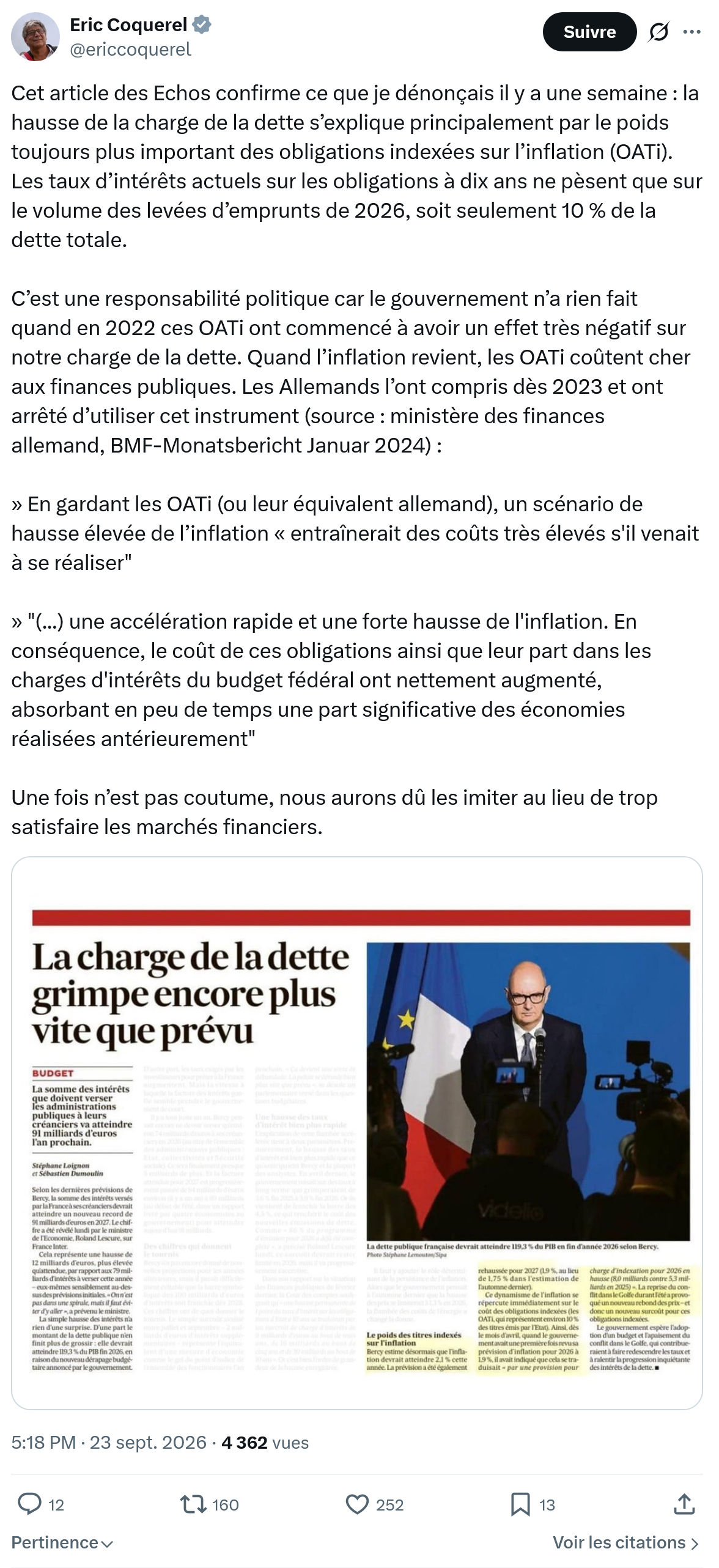 Eric Coquerel: Cet article des Echos confirme...