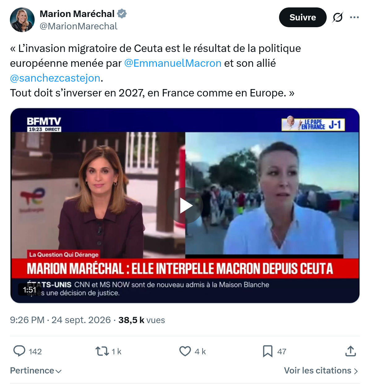 Marion Maréchal- Le Pen: « L’invasion migratoire de Ceuta...