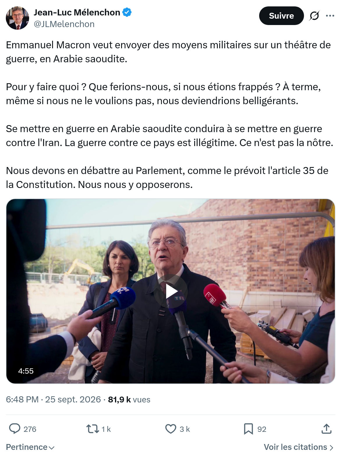 Jean-Luc Mélenchon: Emmanuel Macron veut envoyer...