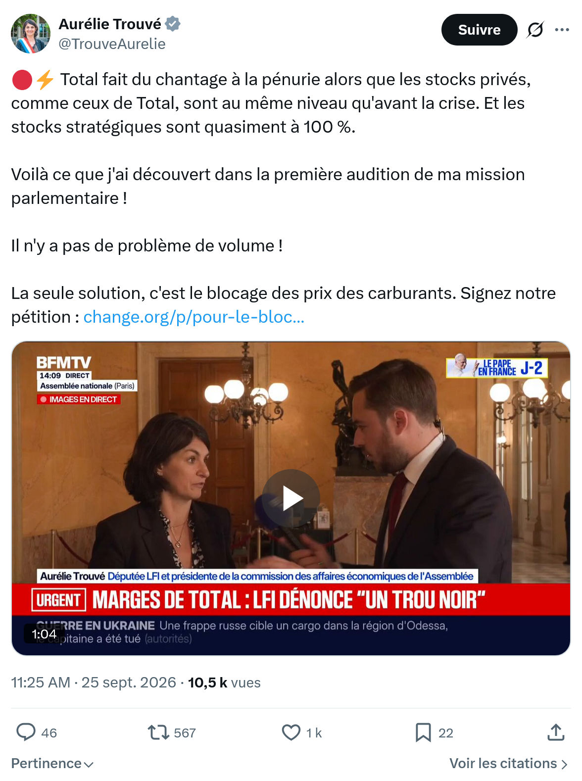 Aurélie Trouvé: Total fait du chantage à la pénurie...