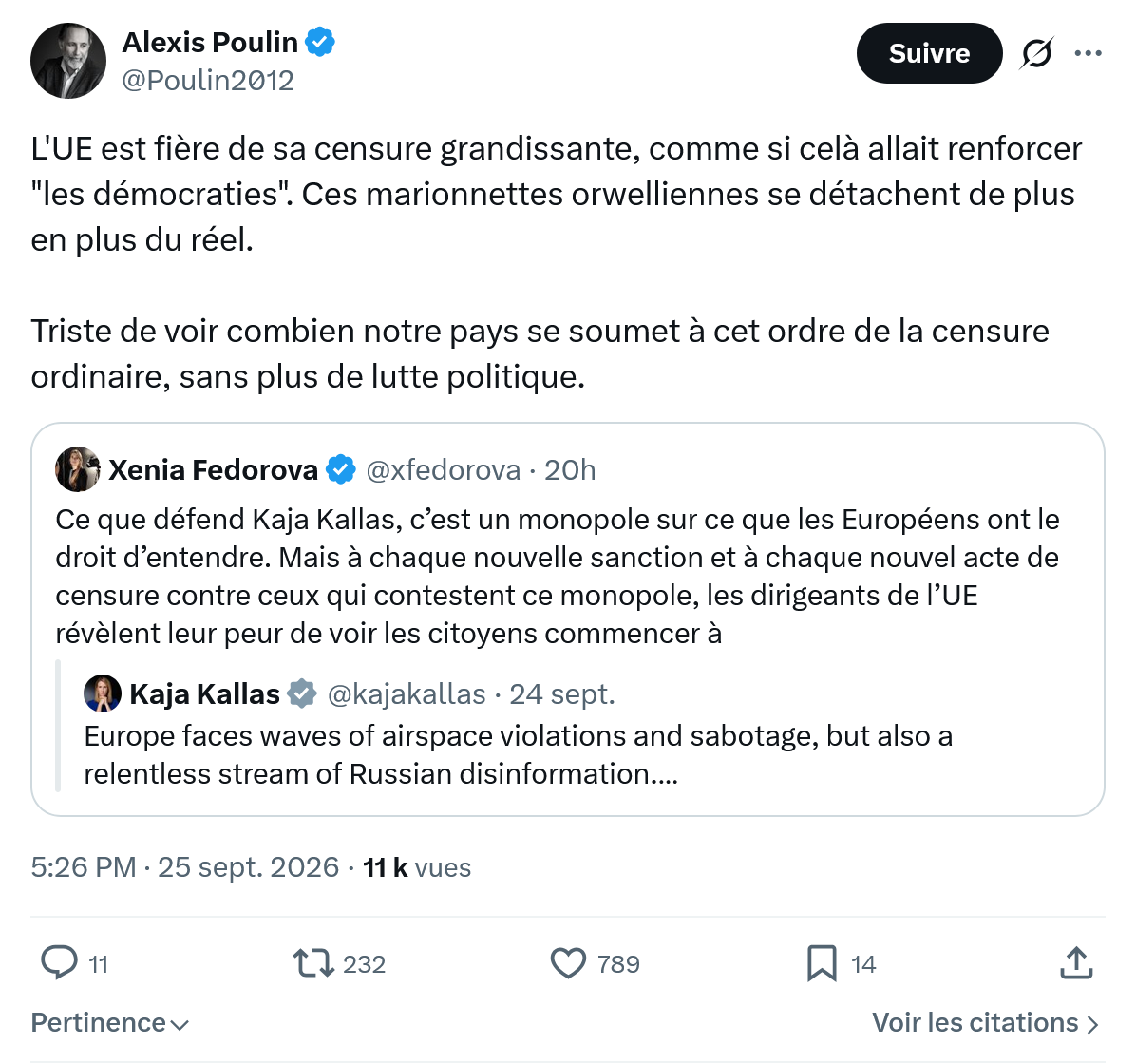 Alexis Poulin: L'UE est fière de sa censure grandissante...
