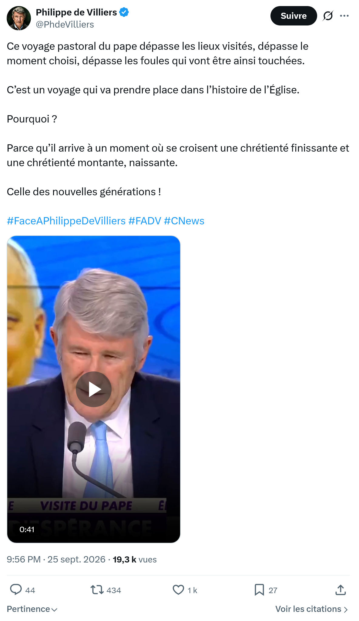 Philippe de Villiers: Ce voyage pastoral du pape dépasse...